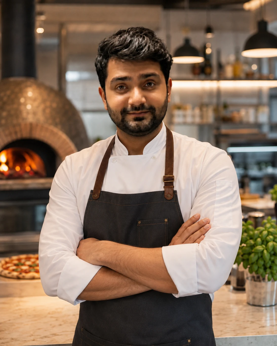 Muhammad Imtiaz, Inhaber von Schlemmer Pizza, mit verschränkten Armen vor dem Pizzaofen