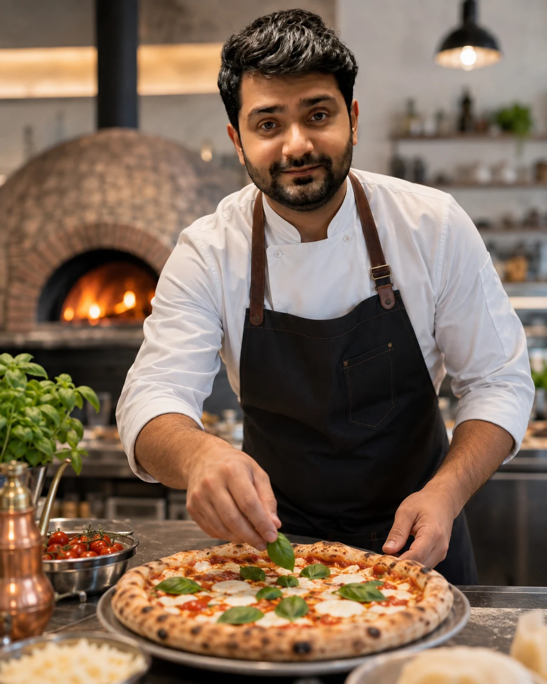 Muhammad Imtiaz legt frisches Basilikum auf eine fertig gebackene Pizza